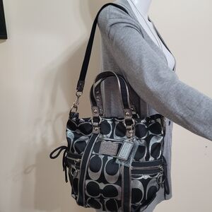 COACH POPPY BLACK & SILVER METALLIC LUREC TOTE F14434
